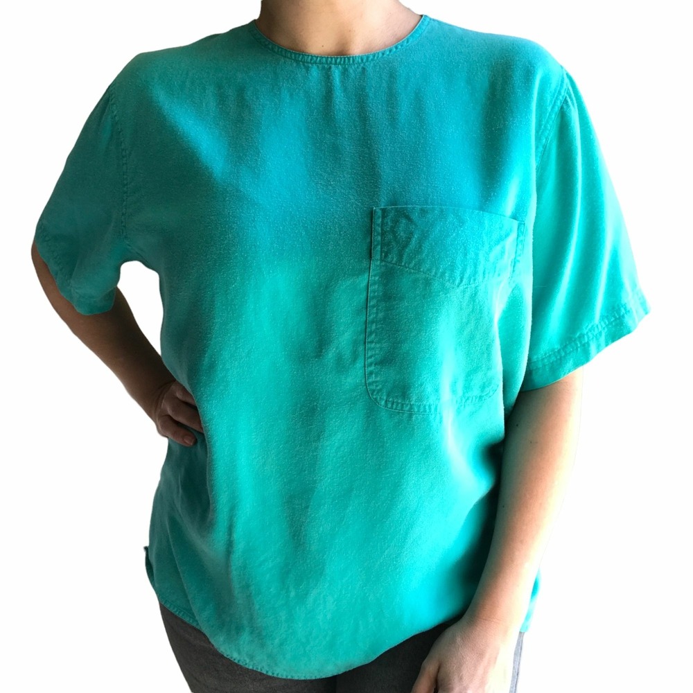 Vintage 80s Liz Sport Casual Teal Short‎ Sleeve Top Shirt - Medium - 100% Rayon